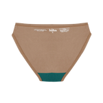 Huha Mineral Bikini underwear in Tan, inside view laid flat showing the teal gusset and printed label