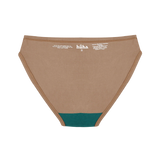 Huha Mineral Bikini underwear in Tan, inside view laid flat showing the teal gusset and printed label