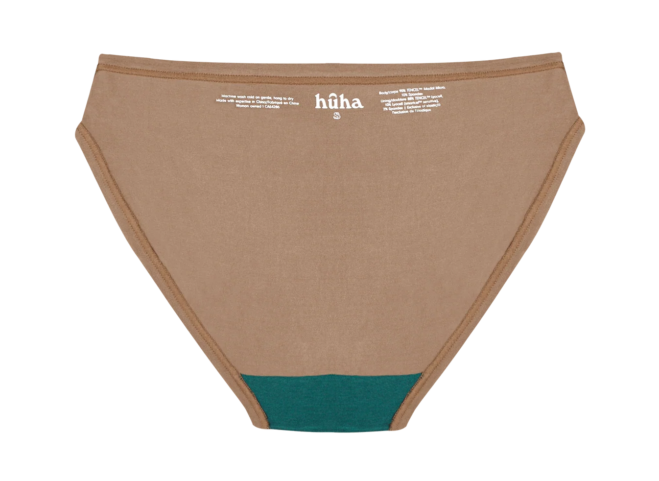 Huha Mineral Bikini underwear in Tan, inside view laid flat showing the teal gusset and printed label