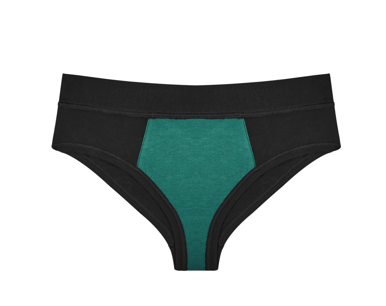 Huha Mineral Cheeky underwear in Black, front view laid flat with the teal gusset visible