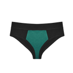 Huha Mineral Cheeky underwear in Black, front view laid flat with the teal gusset visible