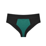 Huha Mineral Cheeky underwear in Black, front view laid flat with the teal gusset visible