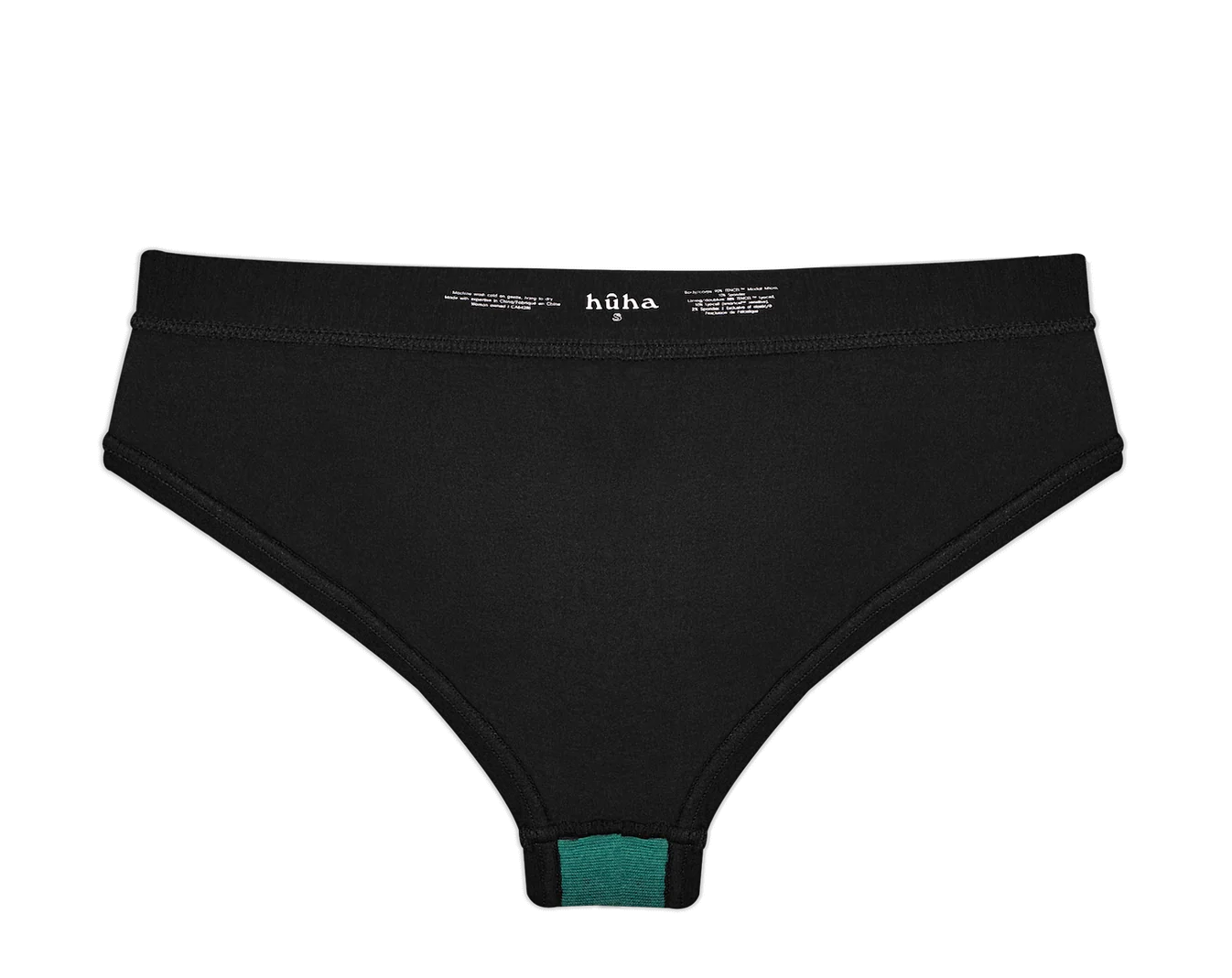 Huha Mineral Cheeky underwear in Black, inside view laid flat showing the teal gusset and printed label