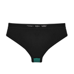 Huha Mineral Cheeky underwear in Black, inside view laid flat showing the teal gusset and printed label