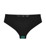 Huha Mineral Cheeky underwear in Black, inside view laid flat showing the teal gusset and printed label