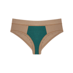 Huha Mineral Cheeky underwear in Tan, front view laid flat with the teal gusset visible