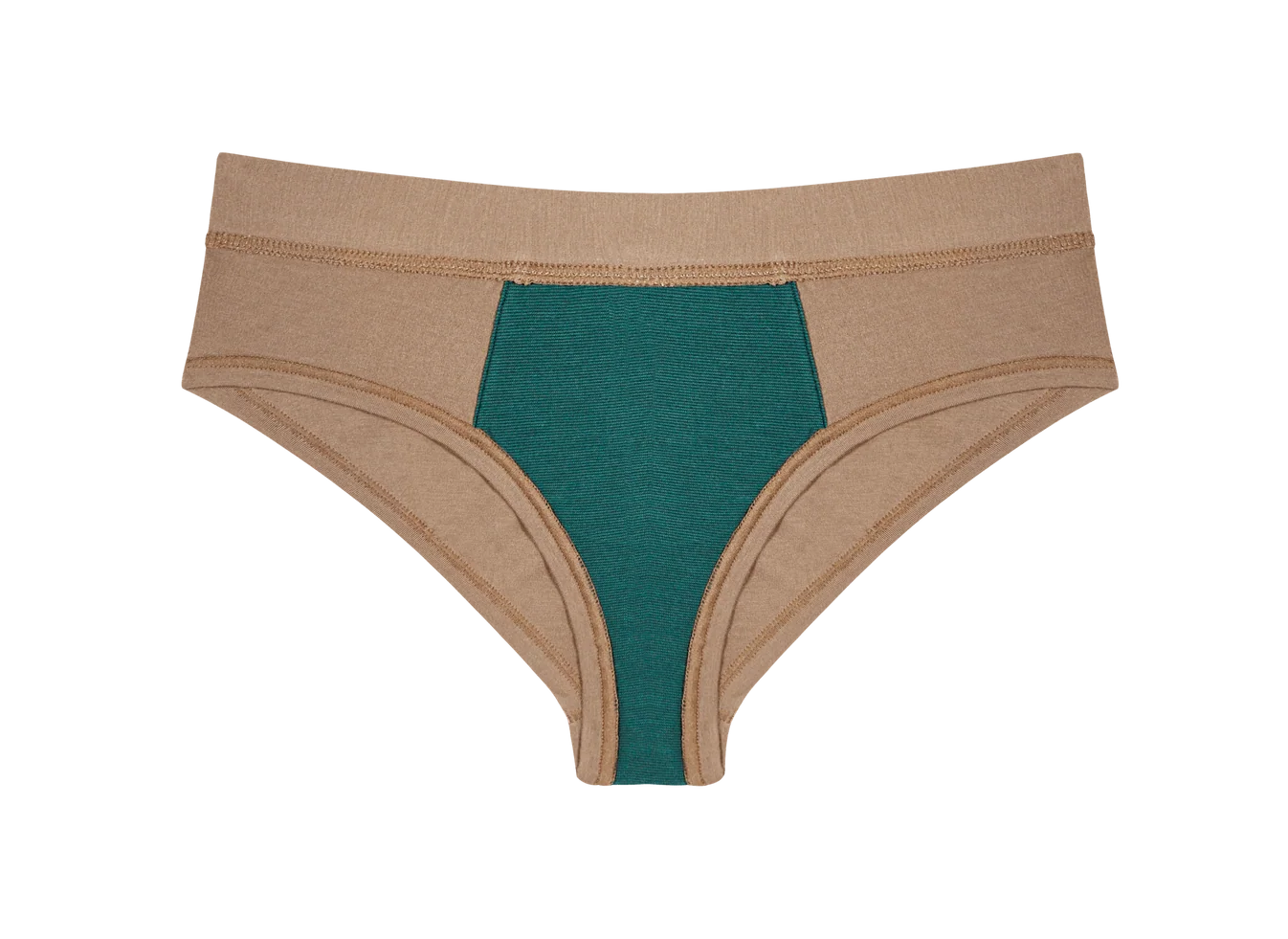 Huha Mineral Cheeky underwear in Tan, front view laid flat with the teal gusset visible