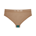 Huha Mineral Cheeky underwear in Tan, inside view laid flat showing the teal gusset and printed label