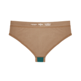 Huha Mineral Cheeky underwear in Tan, inside view laid flat showing the teal gusset and printed label