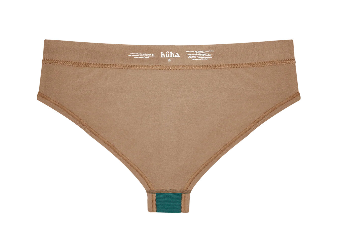 Huha Mineral Cheeky underwear in Tan, inside view laid flat showing the teal gusset and printed label