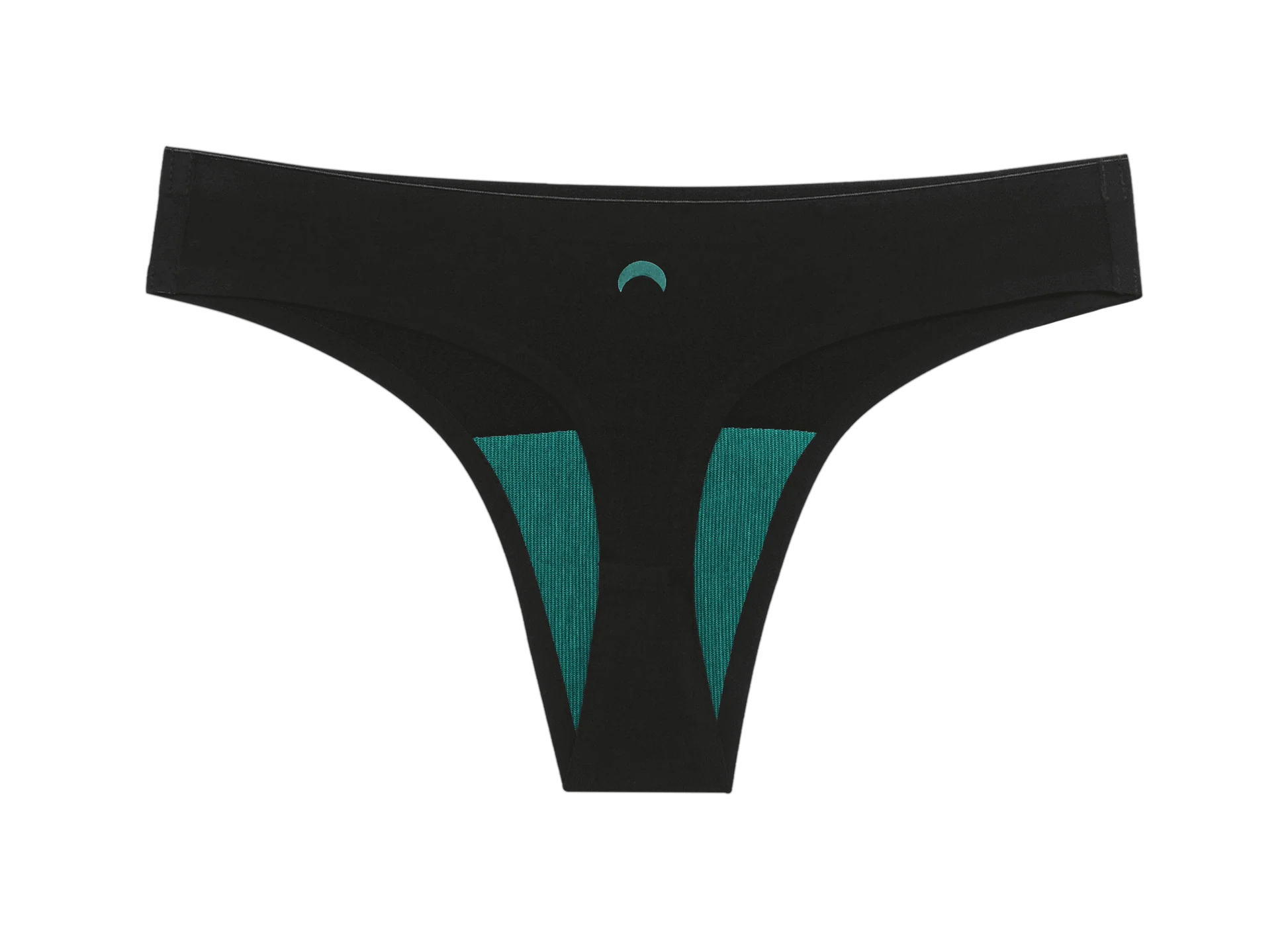 Huha Seamless Low Mid Thong in Black, front view laid flat with the teal gusset and moon logo