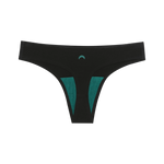 Huha Seamless Low Mid Thong in Black, front view laid flat with the teal gusset and moon logo