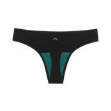 Huha Seamless Low Mid Thong in Black, front view laid flat with the teal gusset and moon logo