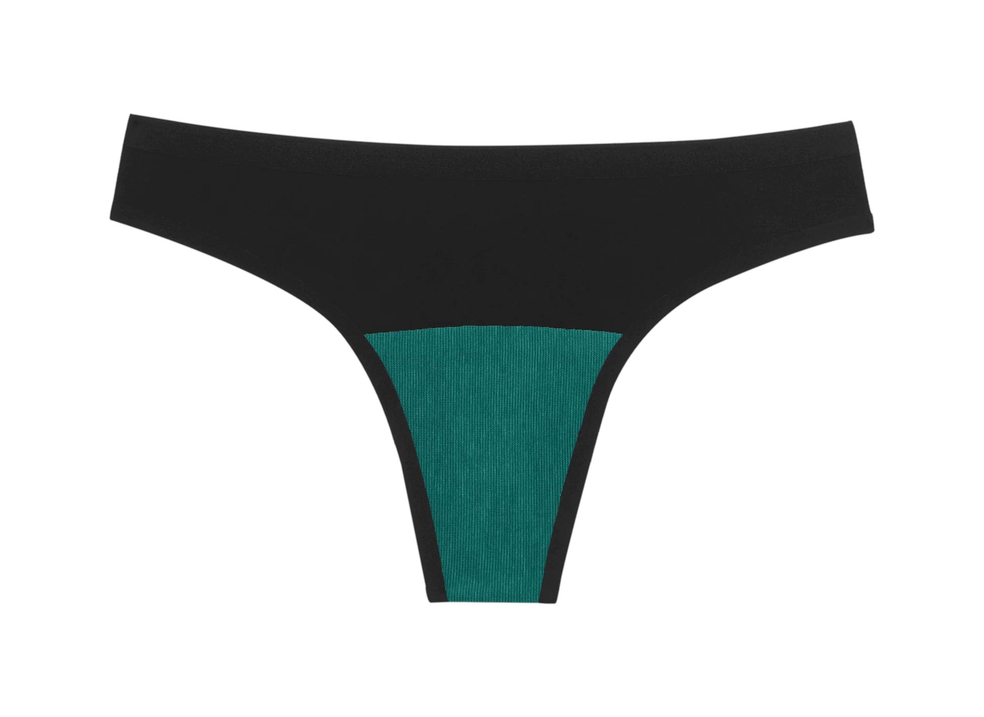 Huha Seamless Low Mid Thong in Black, front view laid flat with the teal gusset visible