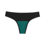 Huha Seamless Low Mid Thong in Black, front view laid flat with the teal gusset visible