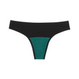 Huha Seamless Low Mid Thong in Black, front view laid flat with the teal gusset visible
