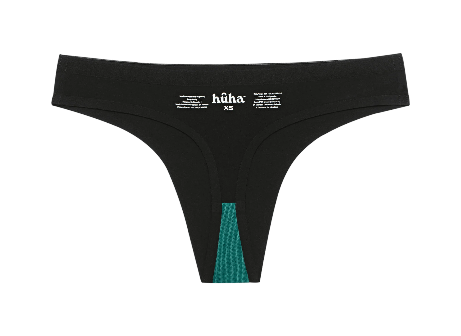Huha Seamless Low Mid Thong in Black, inside view laid flat showing the teal gusset and printed label