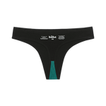 Huha Seamless Low Mid Thong in Black, inside view laid flat showing the teal gusset and printed label