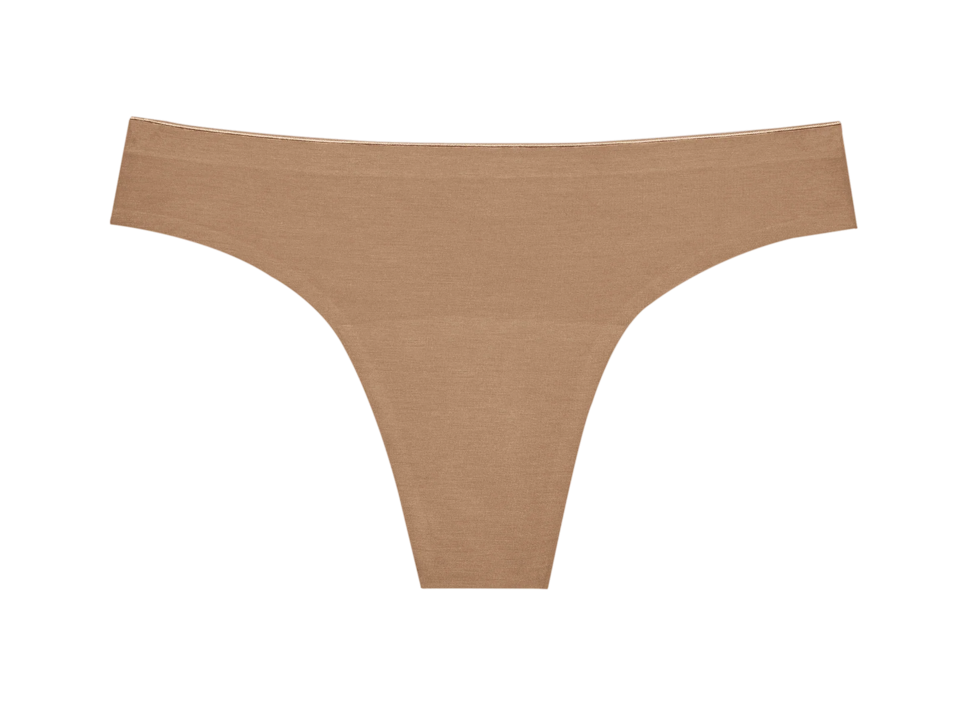Huha Seamless Low Mid Thong in Tan, front view laid flat
