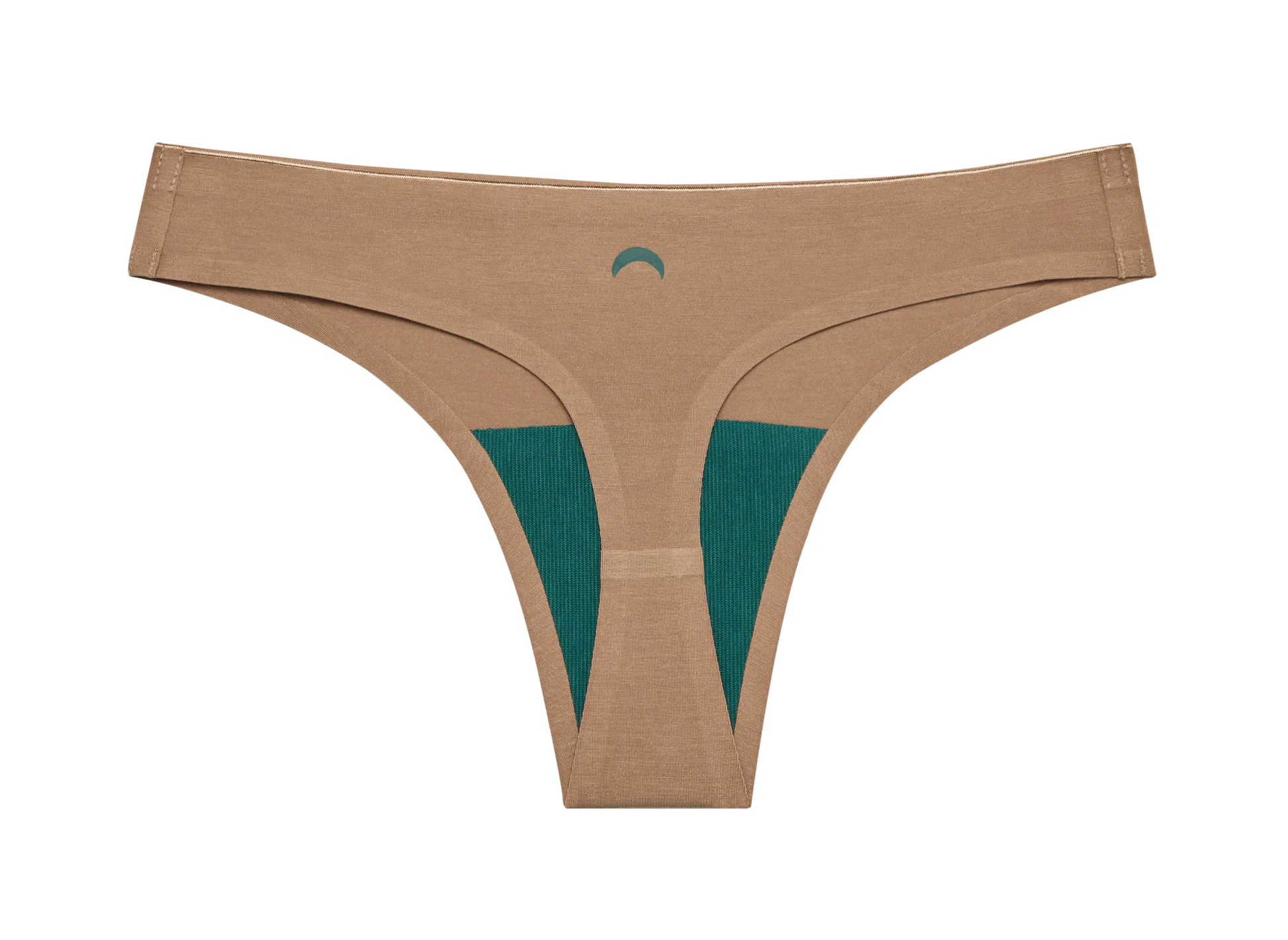 Huha Seamless Low Mid Thong in Tan, front view laid flat with the teal gusset and moon logo
