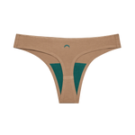 Huha Seamless Low Mid Thong in Tan, front view laid flat with the teal gusset and moon logo
