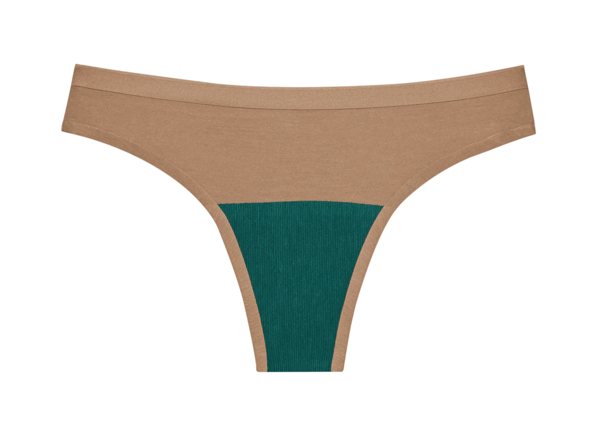 Huha Seamless Low Mid Thong in Tan, front view laid flat with the teal gusset visible