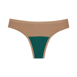 Huha Seamless Low Mid Thong in Tan, front view laid flat with the teal gusset visible