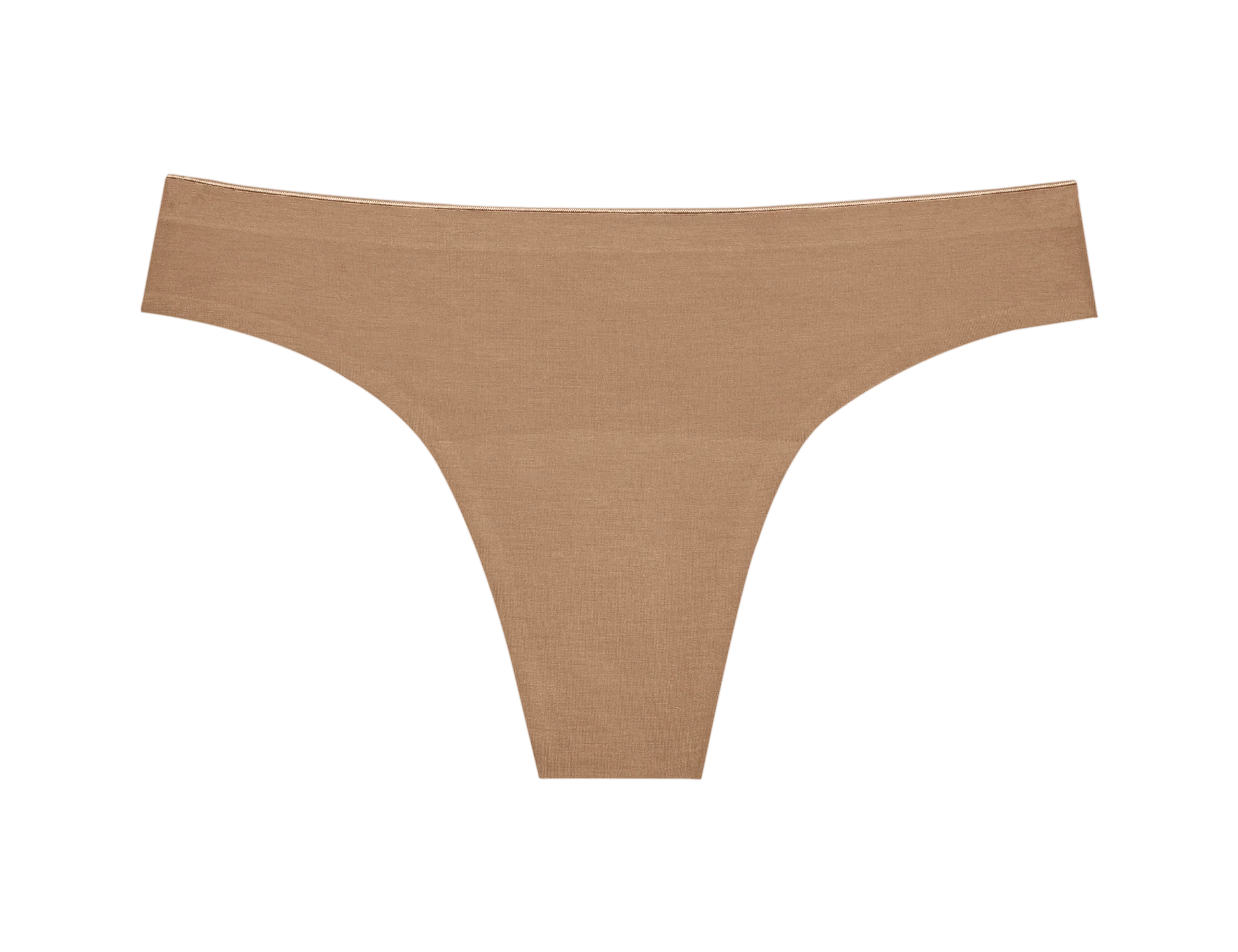 Huha Seamless Low Mid Thong in Tan, front view laid flat