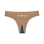 Huha Seamless Low Mid Thong in Tan, inside view laid flat showing the teal gusset and printed label