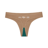 Huha Seamless Low Mid Thong in Tan, inside view laid flat showing the teal gusset and printed label
