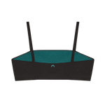Huha Tata Bralette in Black, back view laid flat showing the teal lining