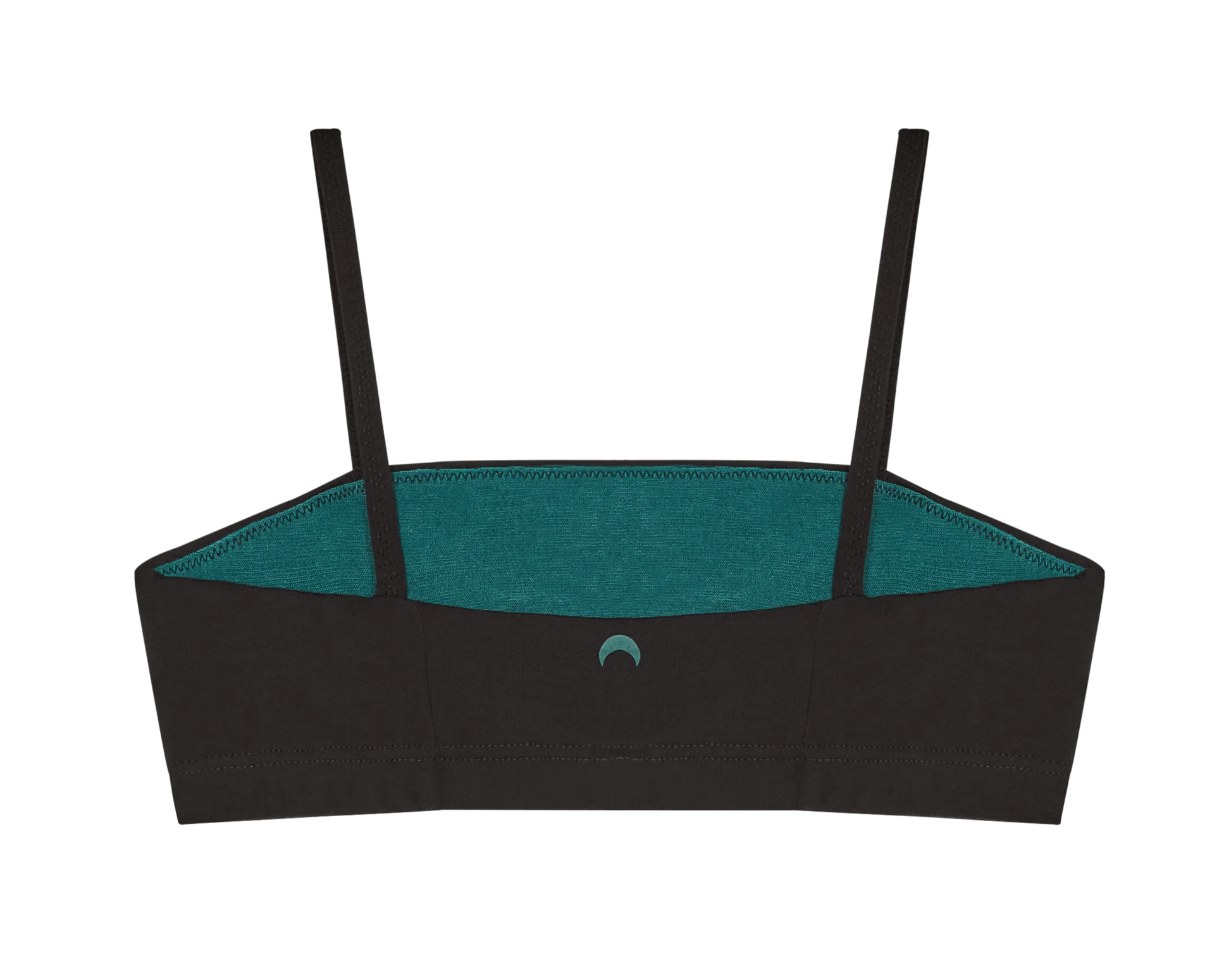 Huha Tata Bralette in Black, back view laid flat showing the teal lining
