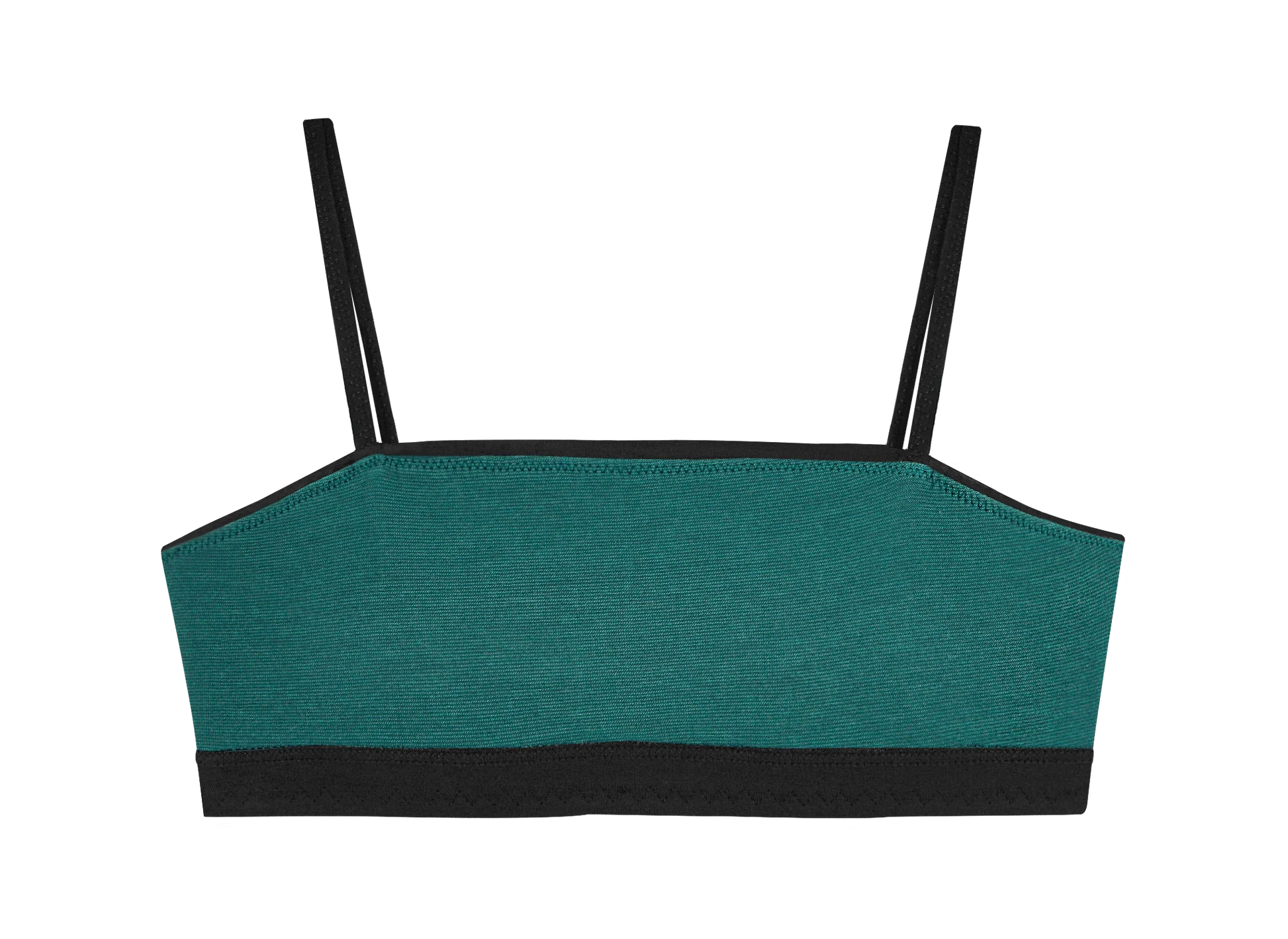 Huha Tata Bralette in Black, inside view laid flat showing the teal lining