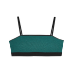 Huha Tata Bralette in Black, inside view laid flat showing the teal lining