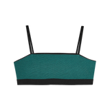 Huha Tata Bralette in Black, inside view laid flat showing the teal lining