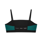 Huha Tata Bralette in Black, inside view laid flat showing the teal lining and printed label