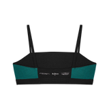 Huha Tata Bralette in Black, inside view laid flat showing the teal lining and printed label