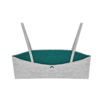 Huha Tata Bralette in Grey, back view laid flat showing the teal lining
