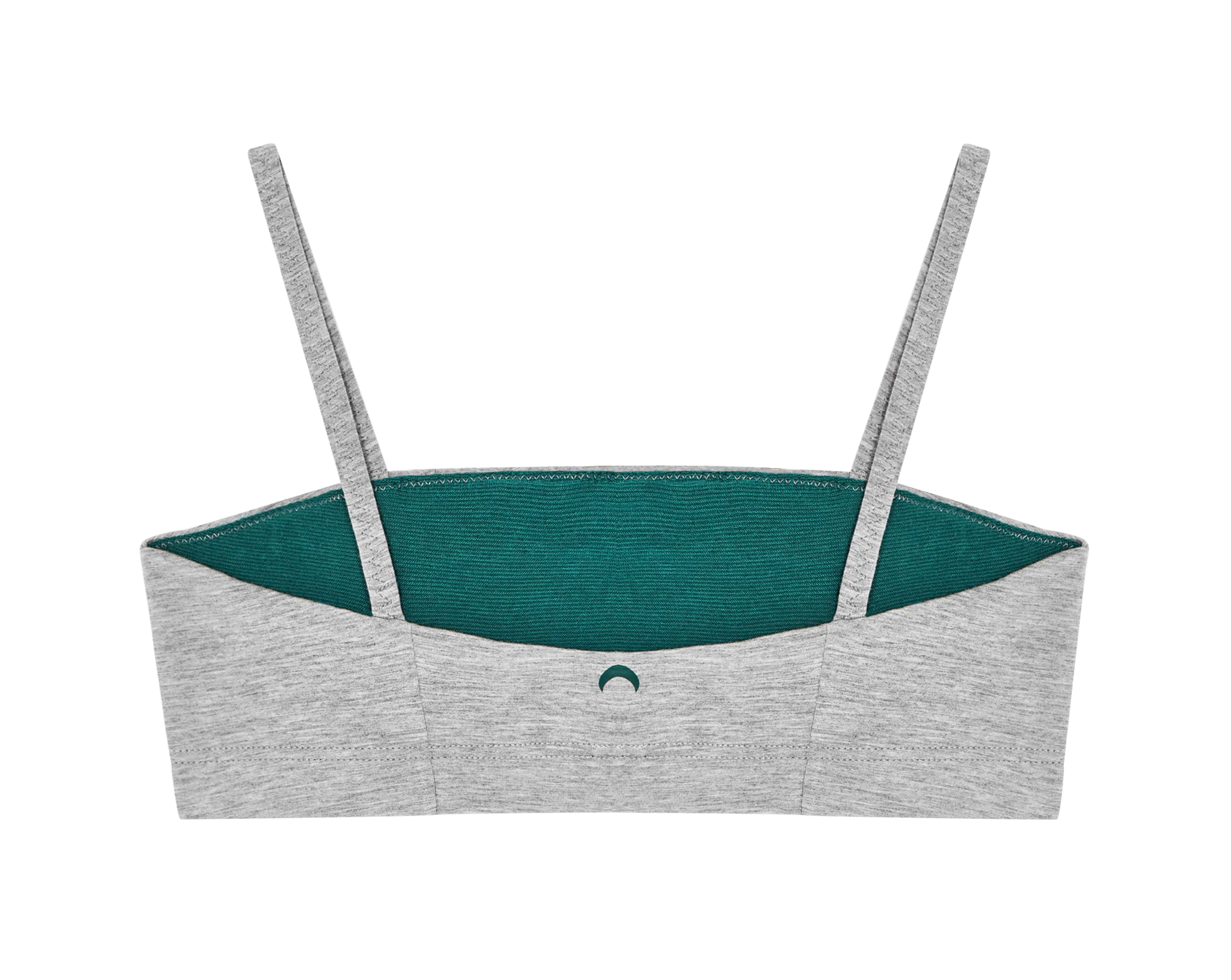 Huha Tata Bralette in Grey, back view laid flat showing the teal lining