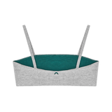 Huha Tata Bralette in Grey, back view laid flat showing the teal lining