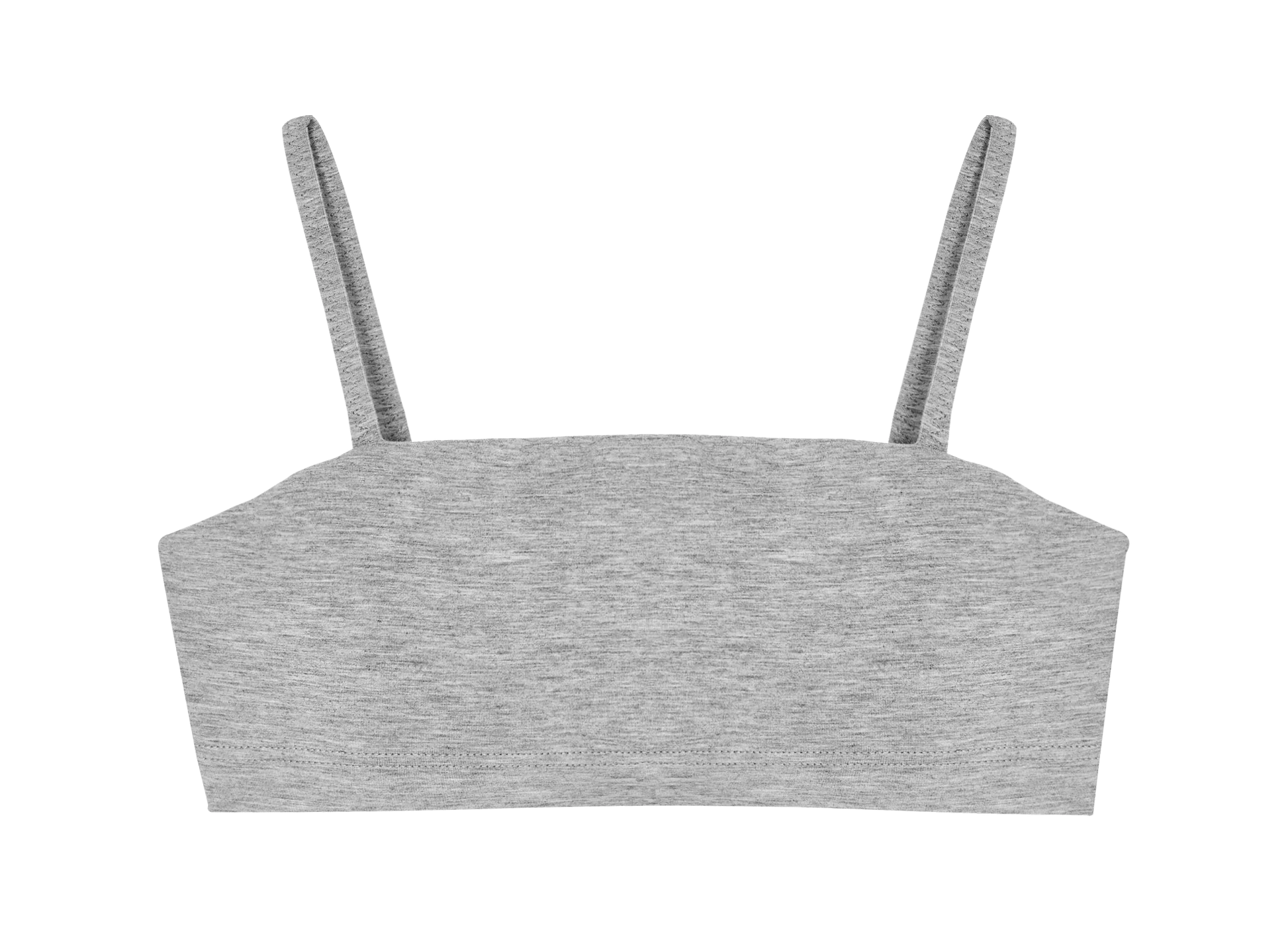 Huha Tata Bralette in Grey, a heather gray straight-neck bralette with thin straps, front view laid flat