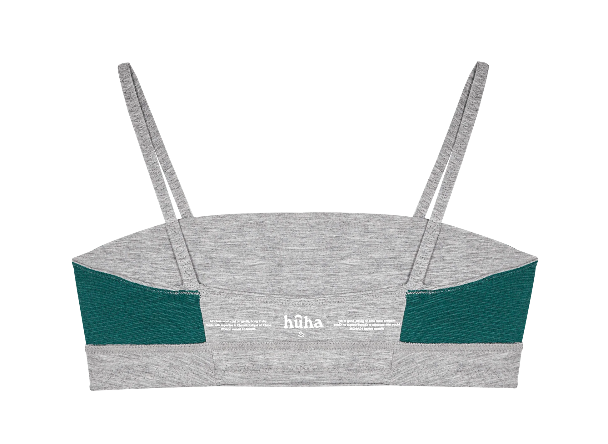 Huha Tata Bralette in Grey, inside view laid flat showing the teal lining and printed label