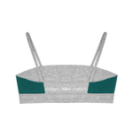 Huha Tata Bralette in Grey, inside view laid flat showing the teal lining and printed label