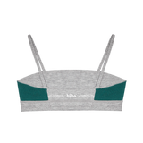 Huha Tata Bralette in Grey, inside view laid flat showing the teal lining and printed label