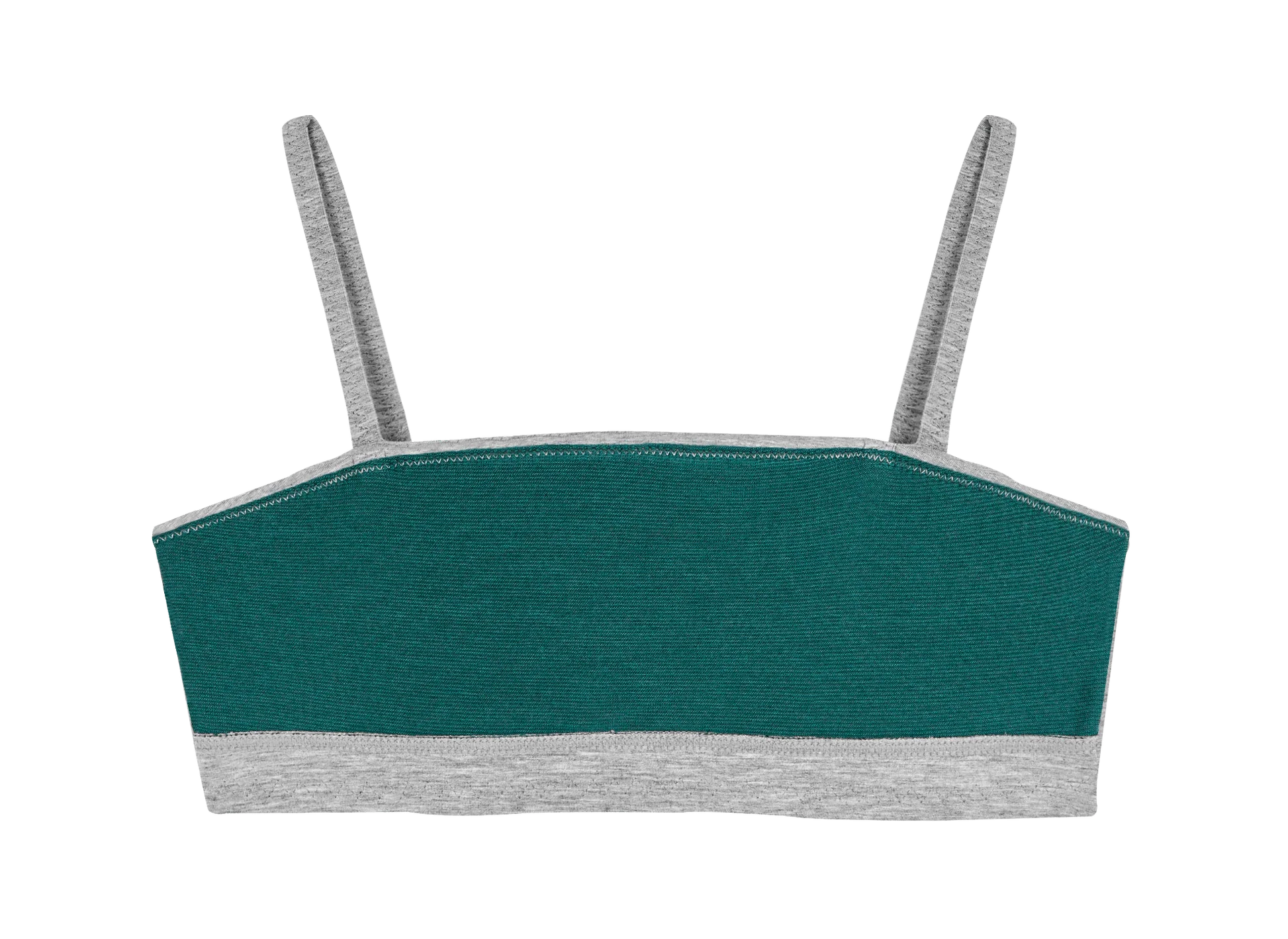 Huha Tata Bralette in Grey, inside view laid flat showing the teal lining
