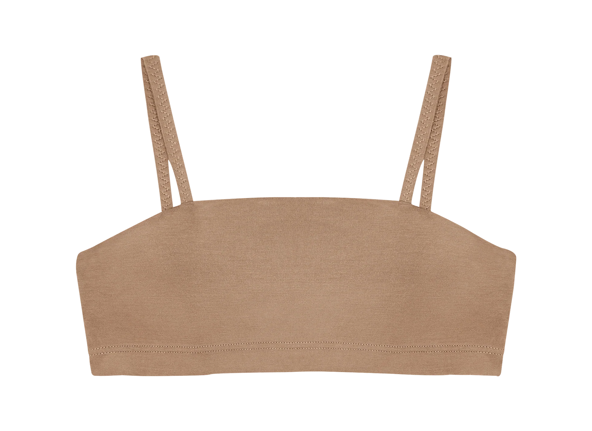 Huha Tata Bralette in Tan, a straight-neck bralette with thin straps, front view laid flat