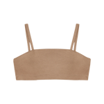 Huha Tata Bralette in Tan, a straight-neck bralette with thin straps, front view laid flat
