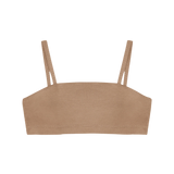 Huha Tata Bralette in Tan, a straight-neck bralette with thin straps, front view laid flat