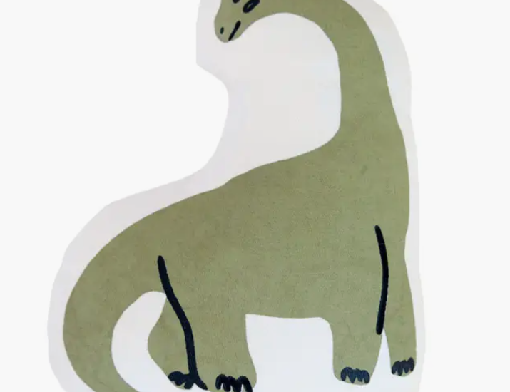 Imani Collective Long Neck Dino Pillow, an olive green brontosaurus-shaped canvas pillow