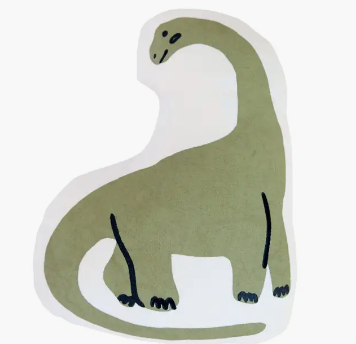 Imani Collective Long Neck Dino Pillow, an olive green brontosaurus-shaped canvas pillow